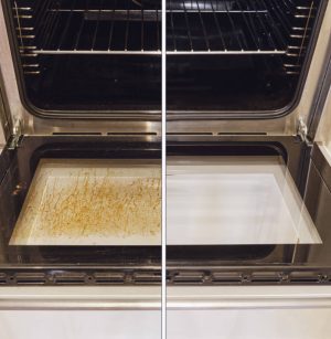 Dirty and clean oven, before and after cleaning and washing the stove glass. Washed grease on the oven window door, collage